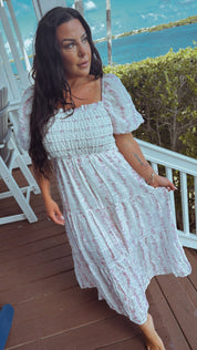 Pink and White Floral  Puff Sleeve Maxi Dess