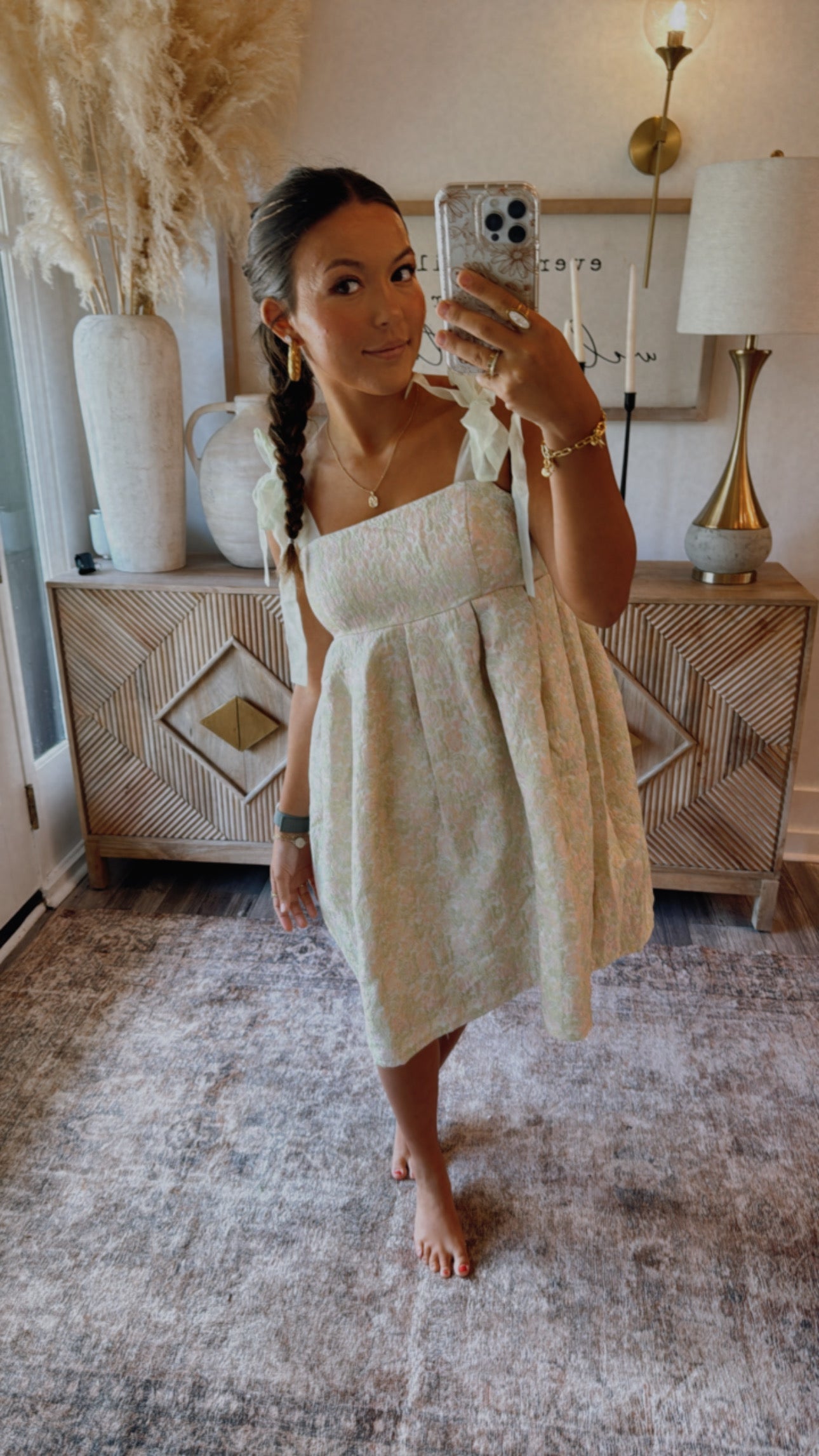 Green and Light Pink Rose Mini Dress