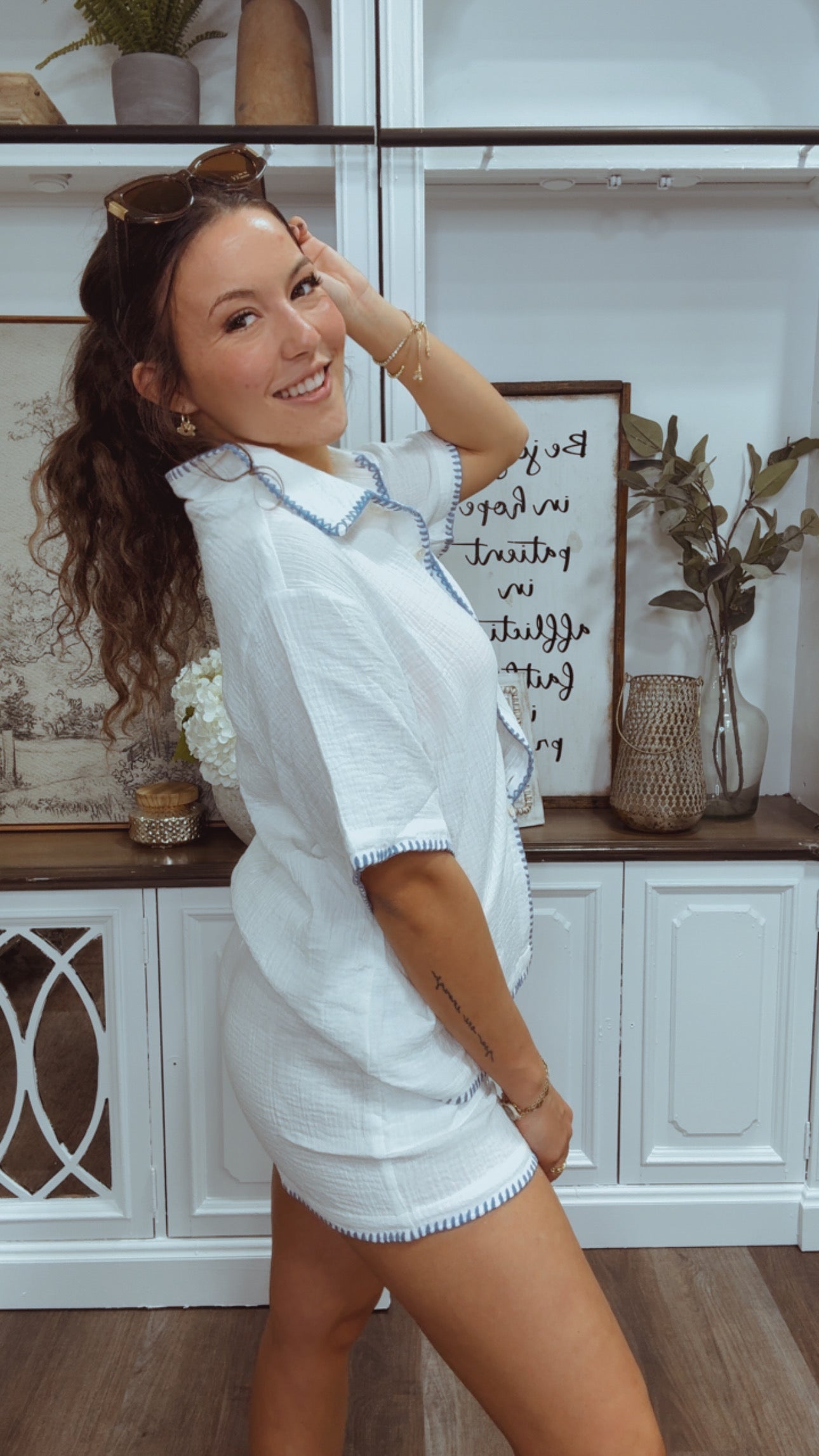 Chic White and Blue Lined Stich Shorts