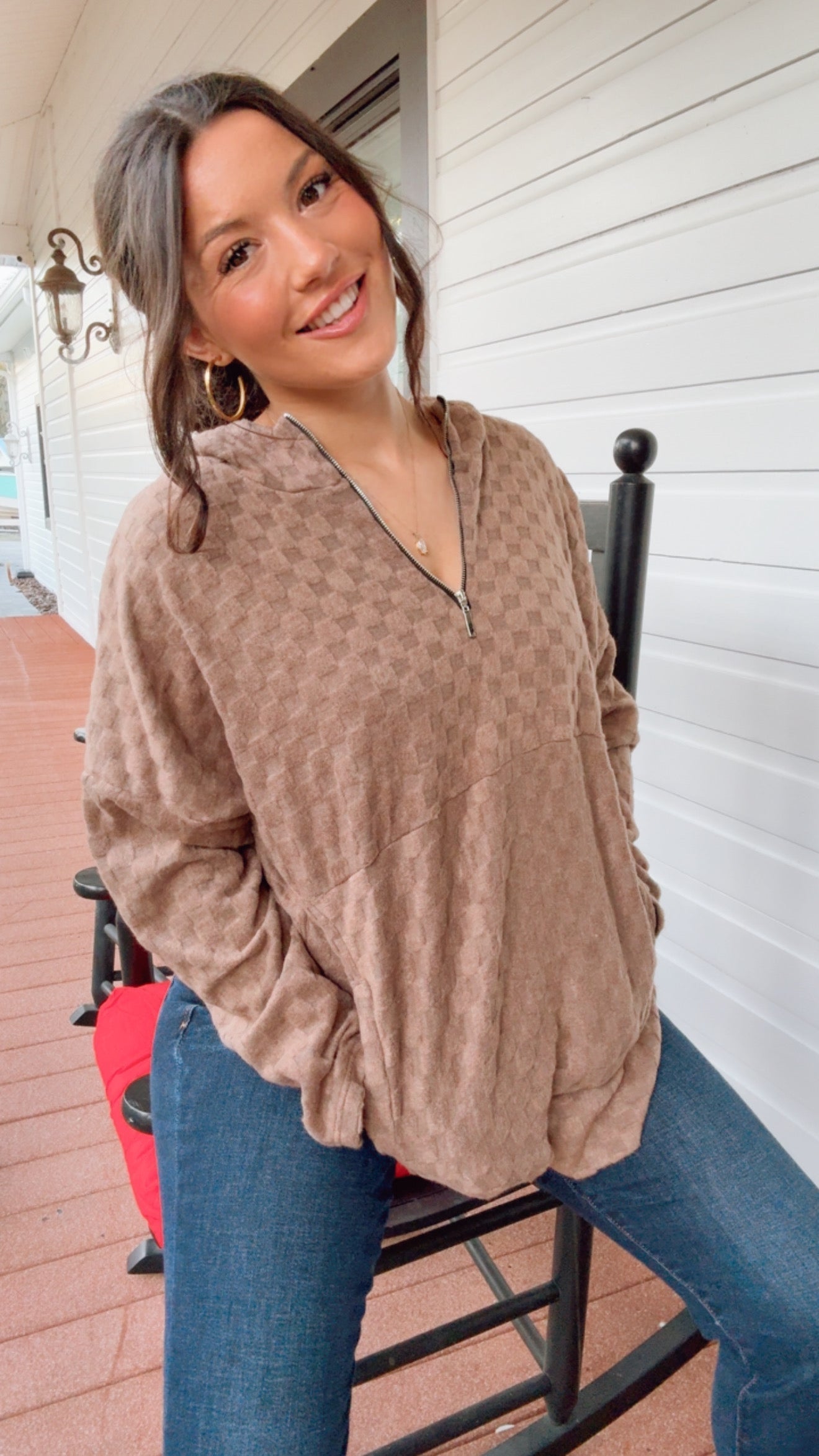 Chic Brown Checkered 1/4 Zip Pullover