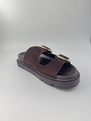 Mia Chocolate Double Strap Gold Buckle Sandals