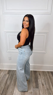 Judy Blue Light Wash Retro Wide Criss Cross Distressed Jeans