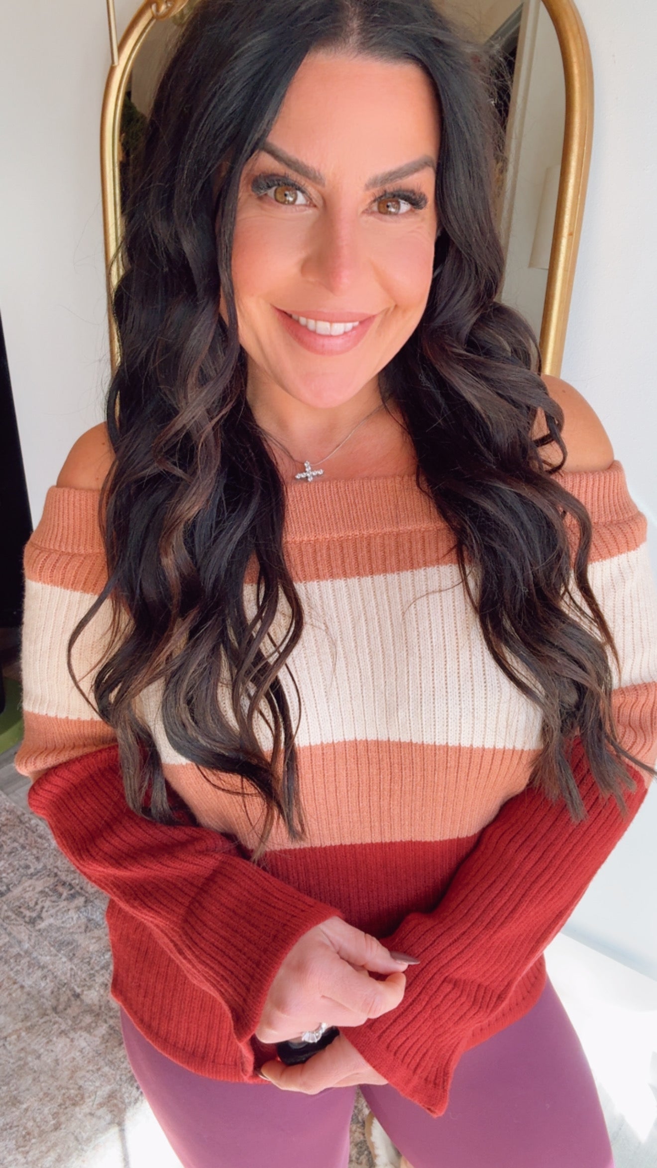 Cozy Co Chic Burgundy Colorblock Off Shoulder Knit Sweater