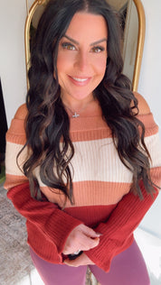 Cozy Co Chic Burgundy Colorblock Off Shoulder Knit Sweater