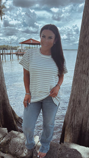 Taupe and Grey Stripe Short Sleeve Knit Textured Top