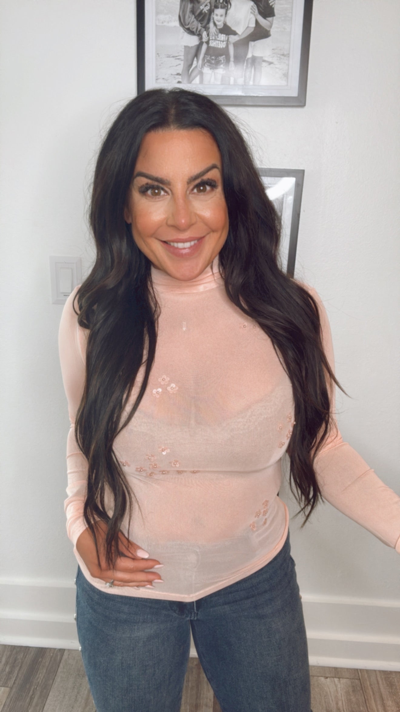 Ultra Soft Blush Sheer High Neck Floral Top