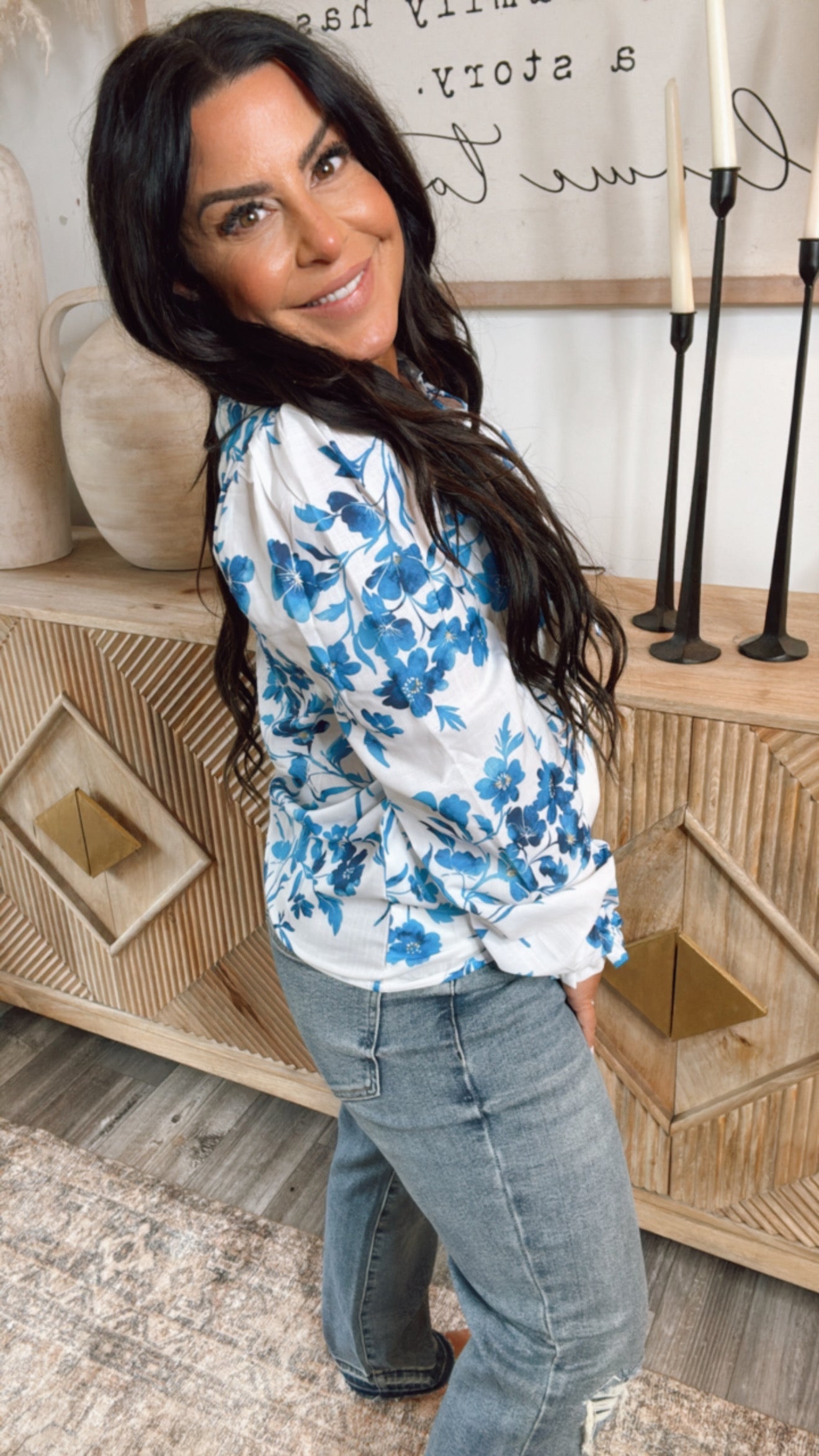Lightweight Blue and White Floral Long Sleeve Blouse