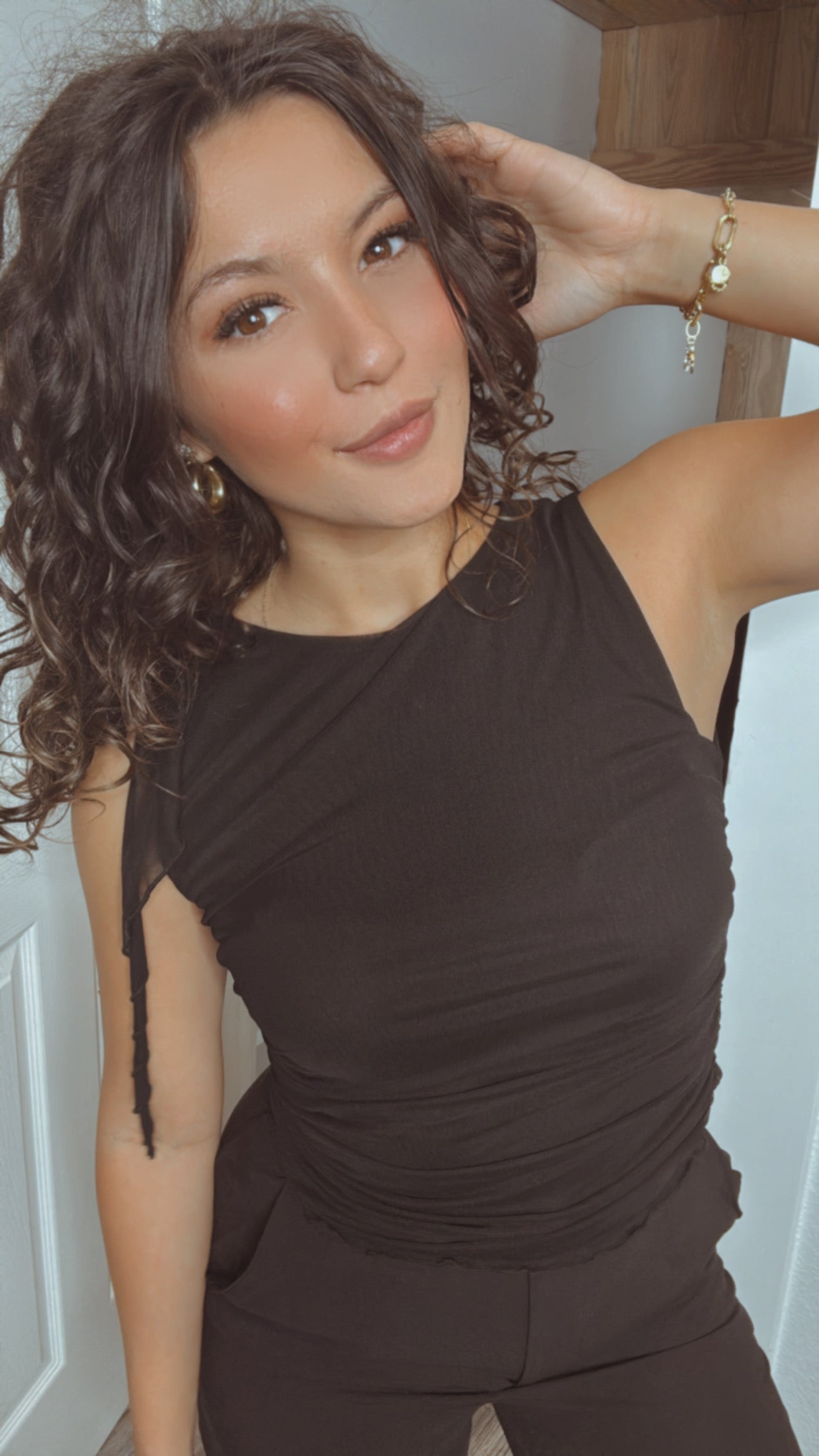 Black Rushed And Sheer Top