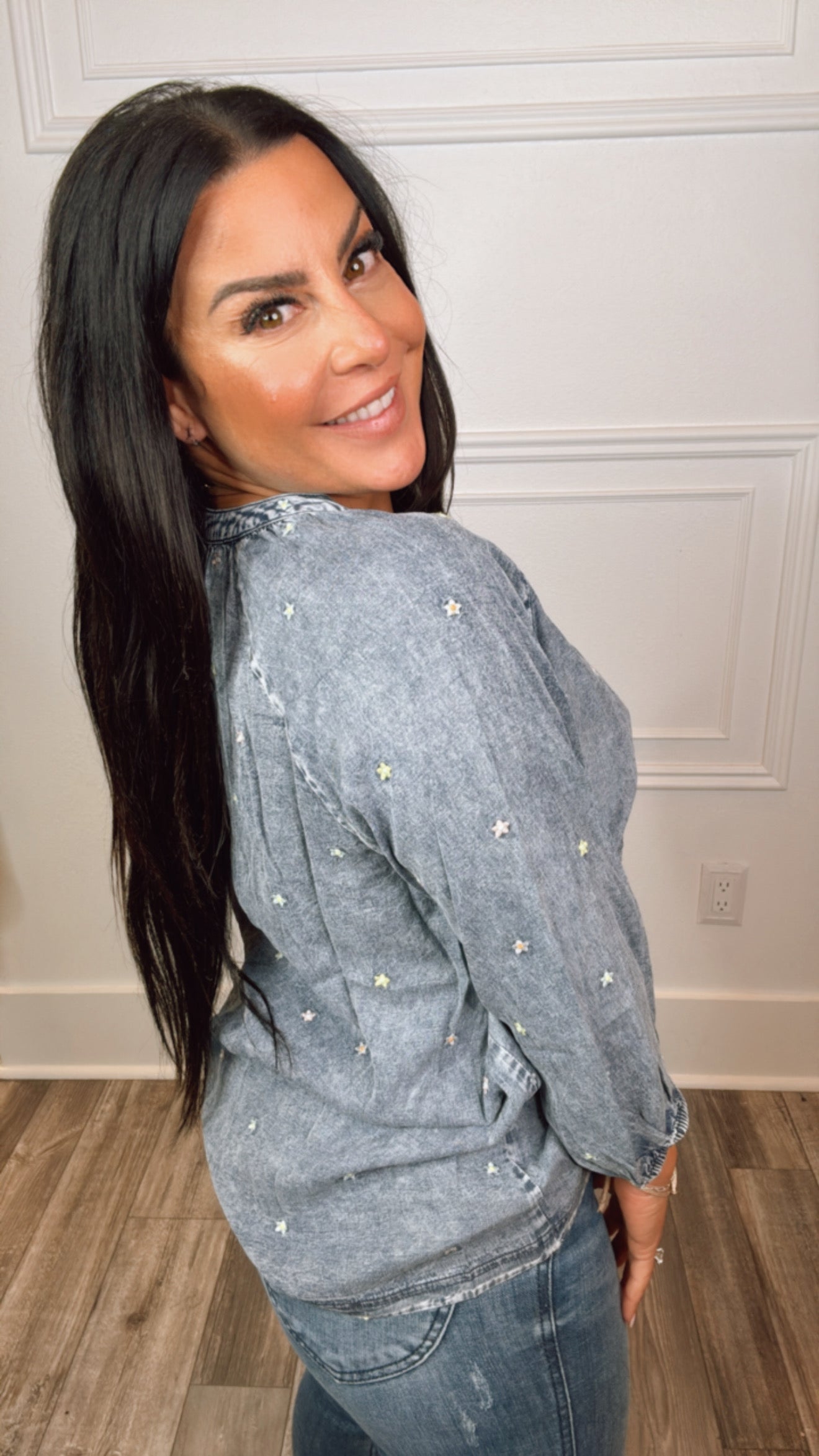 Denim and Floral Long Sleeve Button Up Top