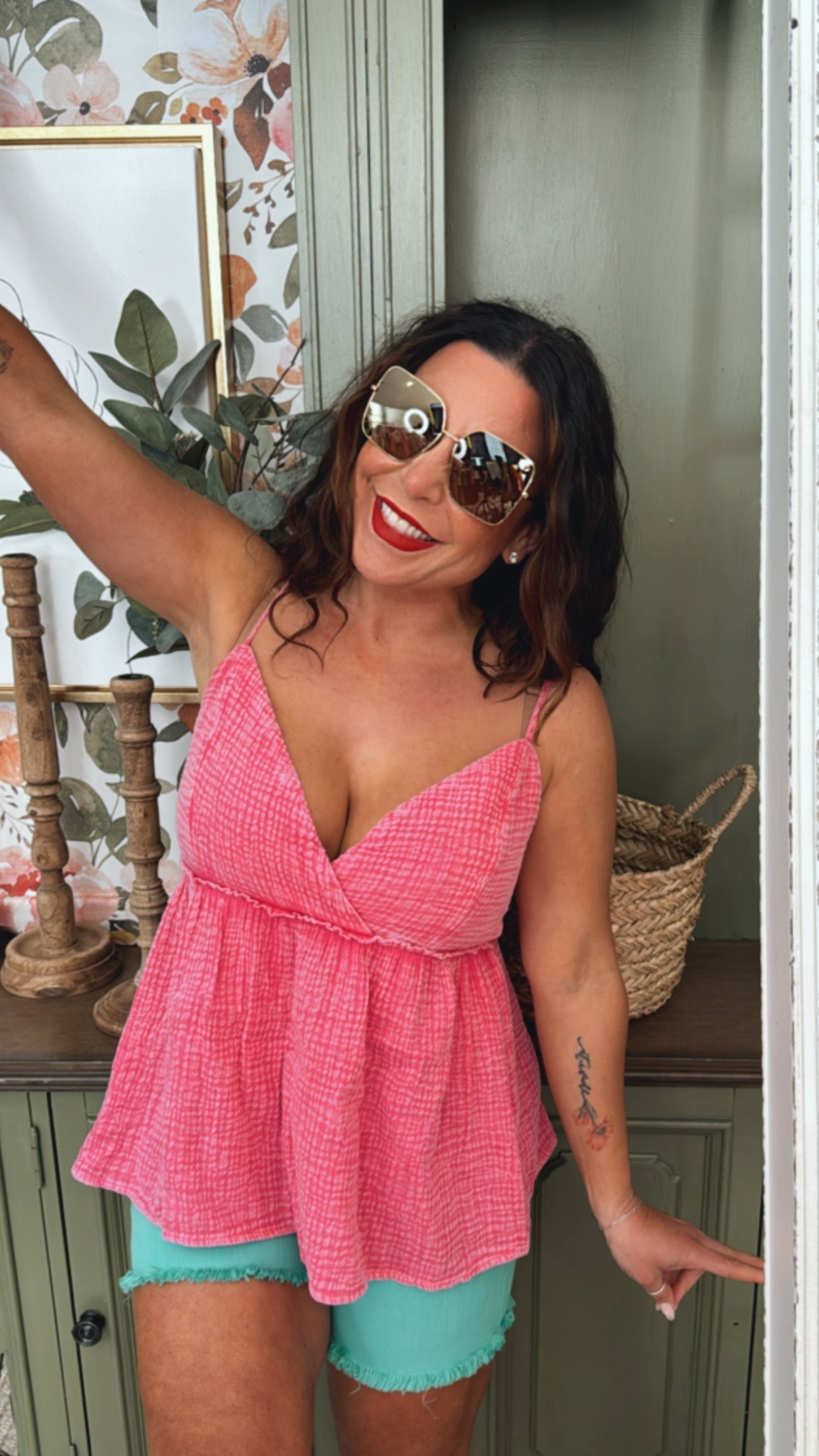 Distressed Acid Wash Pink Baby Doll Tank Top