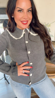 Charcoal And Crochet Lace Collared Knit Cardi