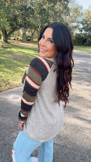 Heathered Grey And Striped Sleeve Glitter Pocket Top