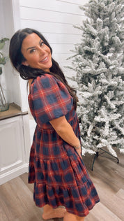 Navy and Red Plaid Puff Sleeve Dress