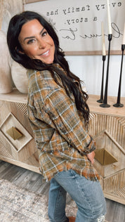 Oli and Hali Brown Mineral Washed Distressed Shacket