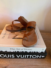 Brown and Tan Criss Cross Strap Sandals