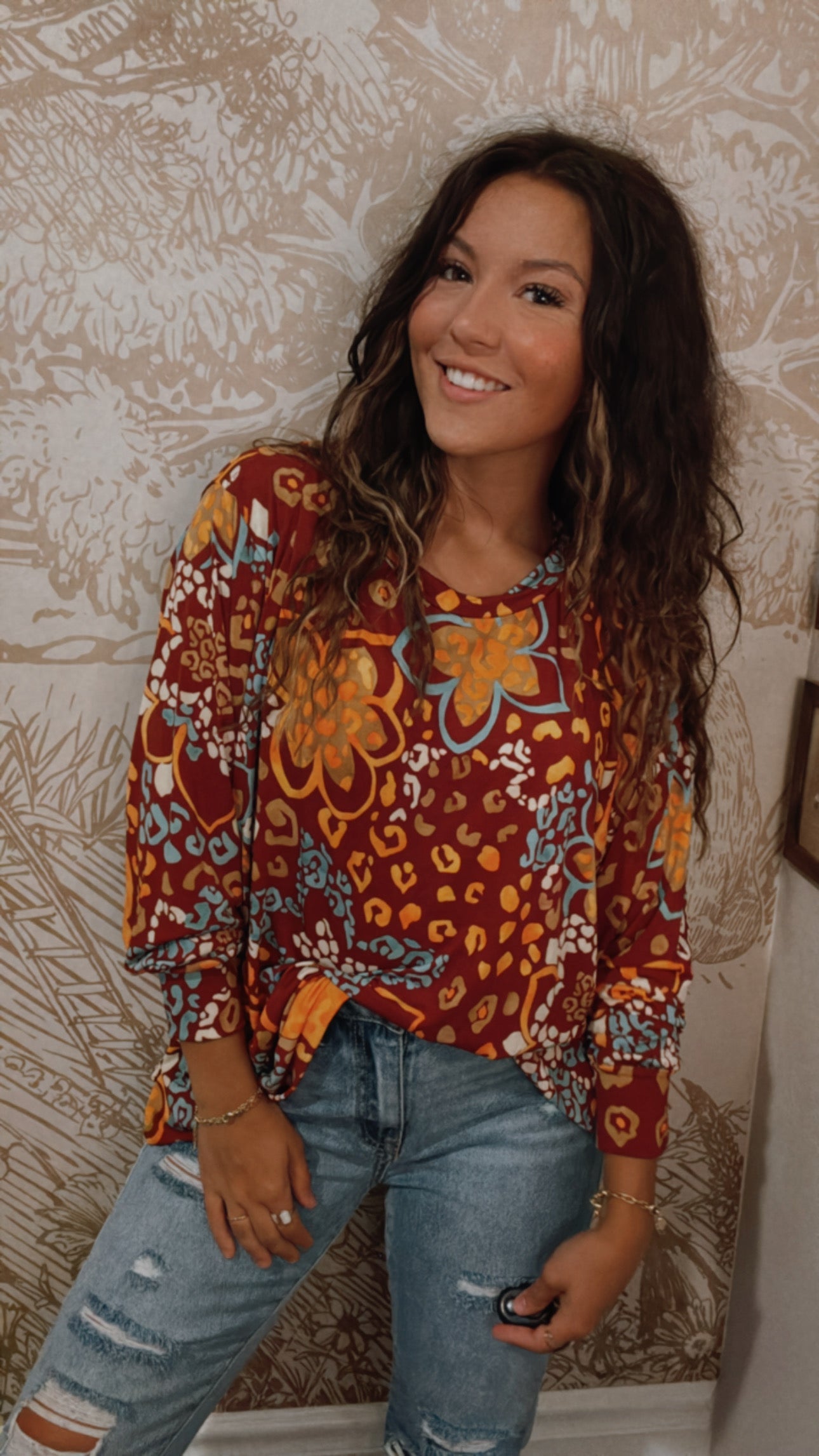 Rust and Teal Long Sleeve Top