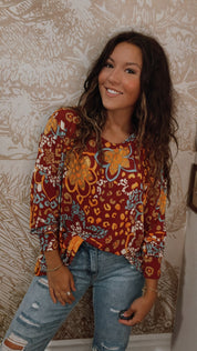 Rust and Teal Long Sleeve Top