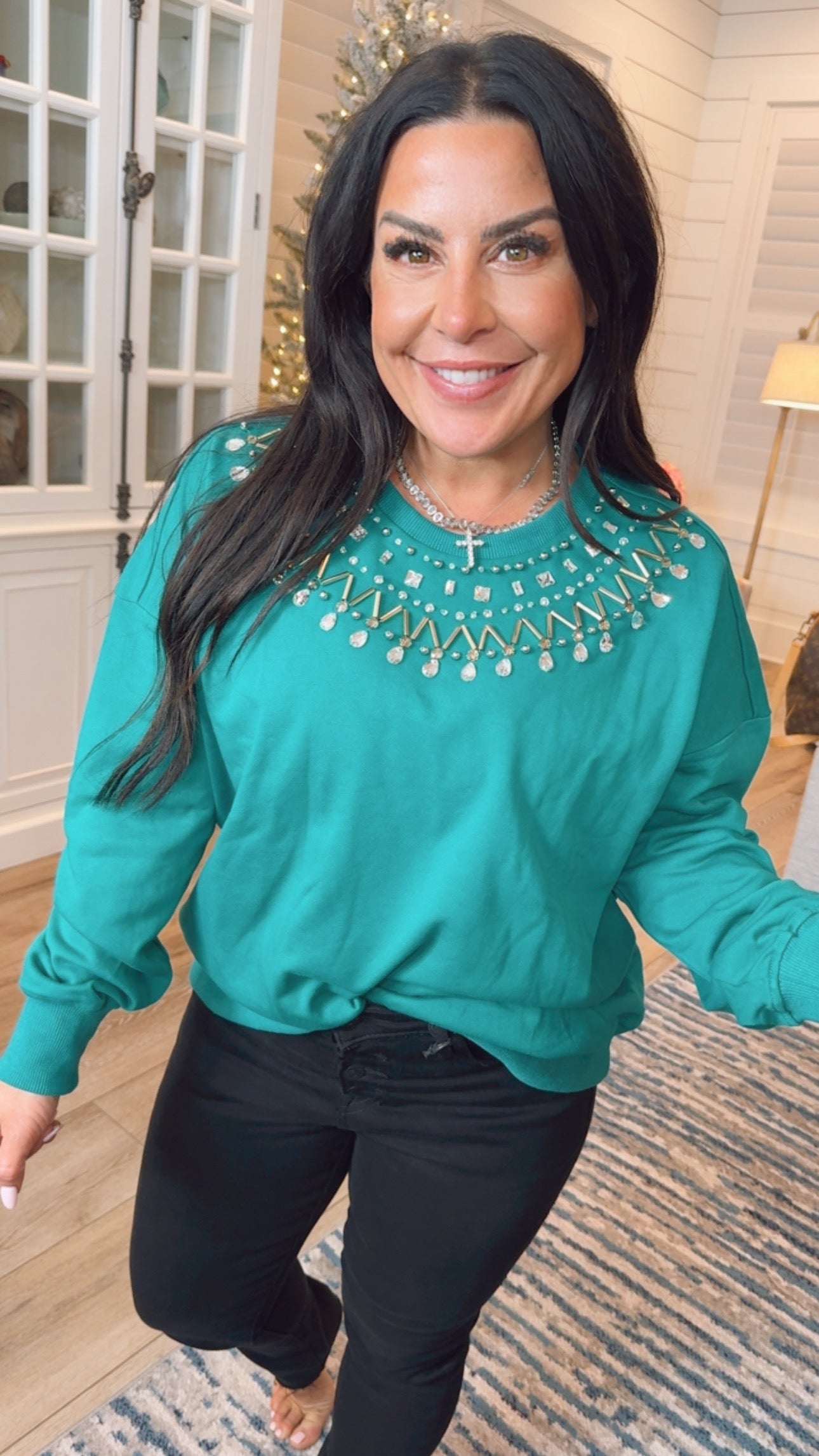 Teal Green And Stone Embellished Crewneck