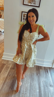 Shiny Gold and Green Floral Mini Dress