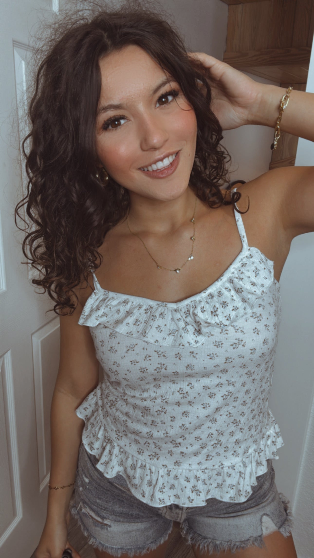 White And Floral Chic Ruffle Trim Top