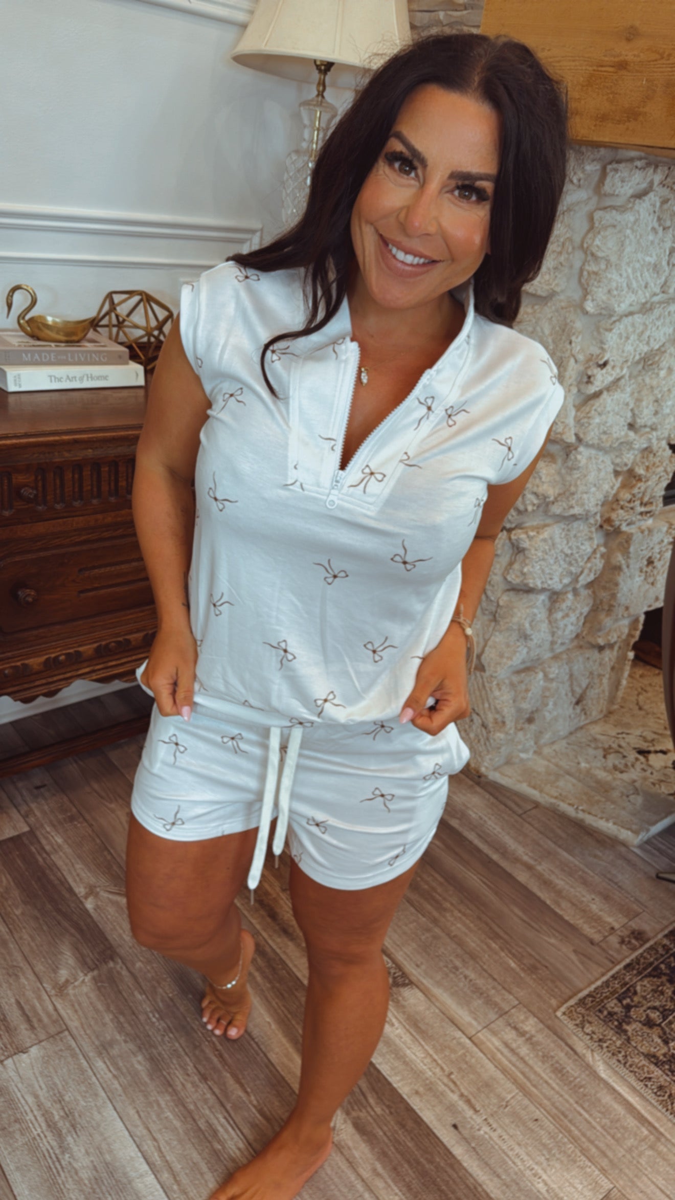 Quarter Zip Cream And Brown Bow Top and Shorts Set