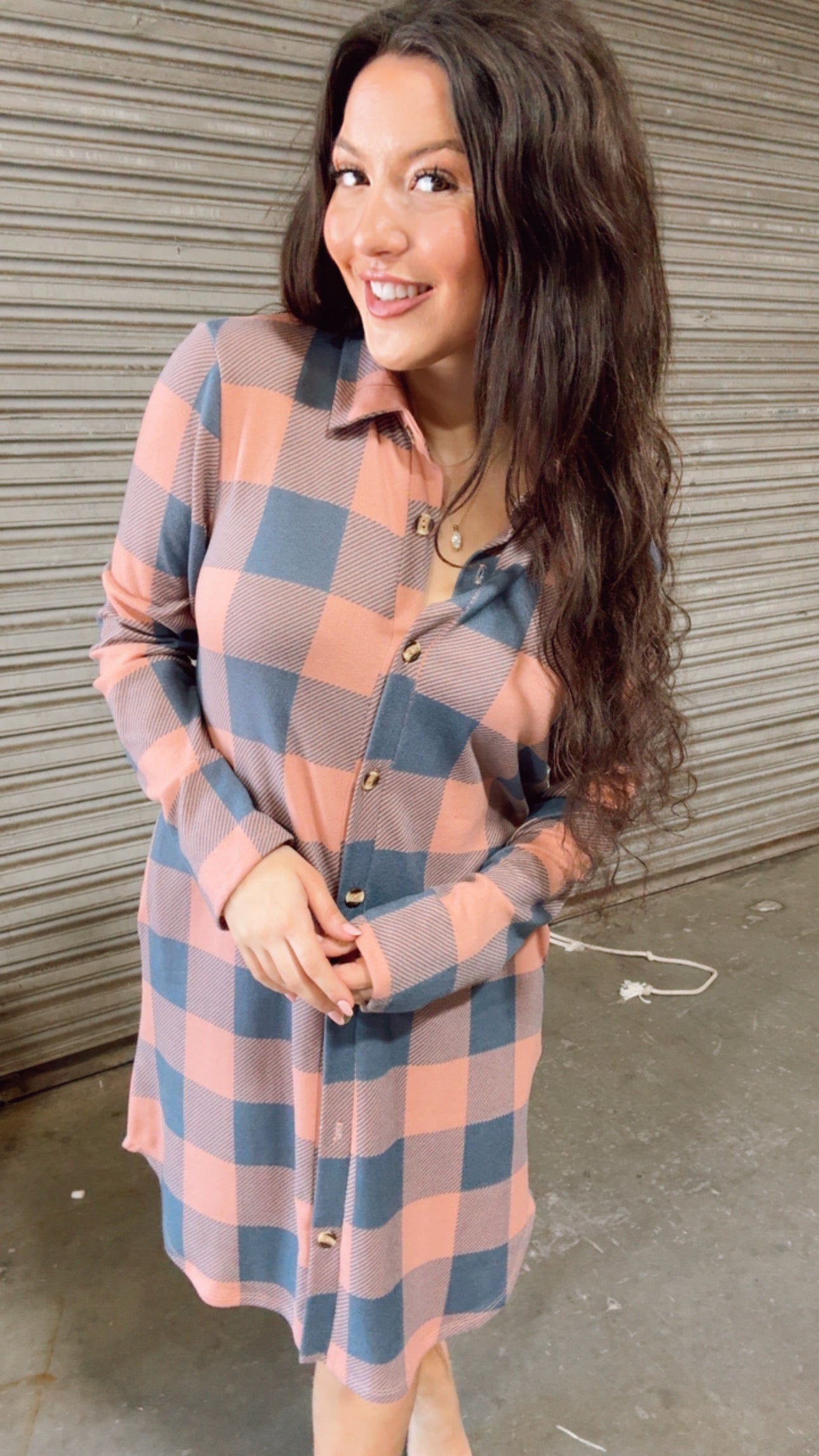Pink and Blue Grey Plaid Button Up Dress *Final Sale*