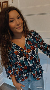 Navy and Rust Bubble Sleeve Vneck Top