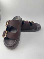 Mia Chocolate Double Strap Gold Buckle Sandals