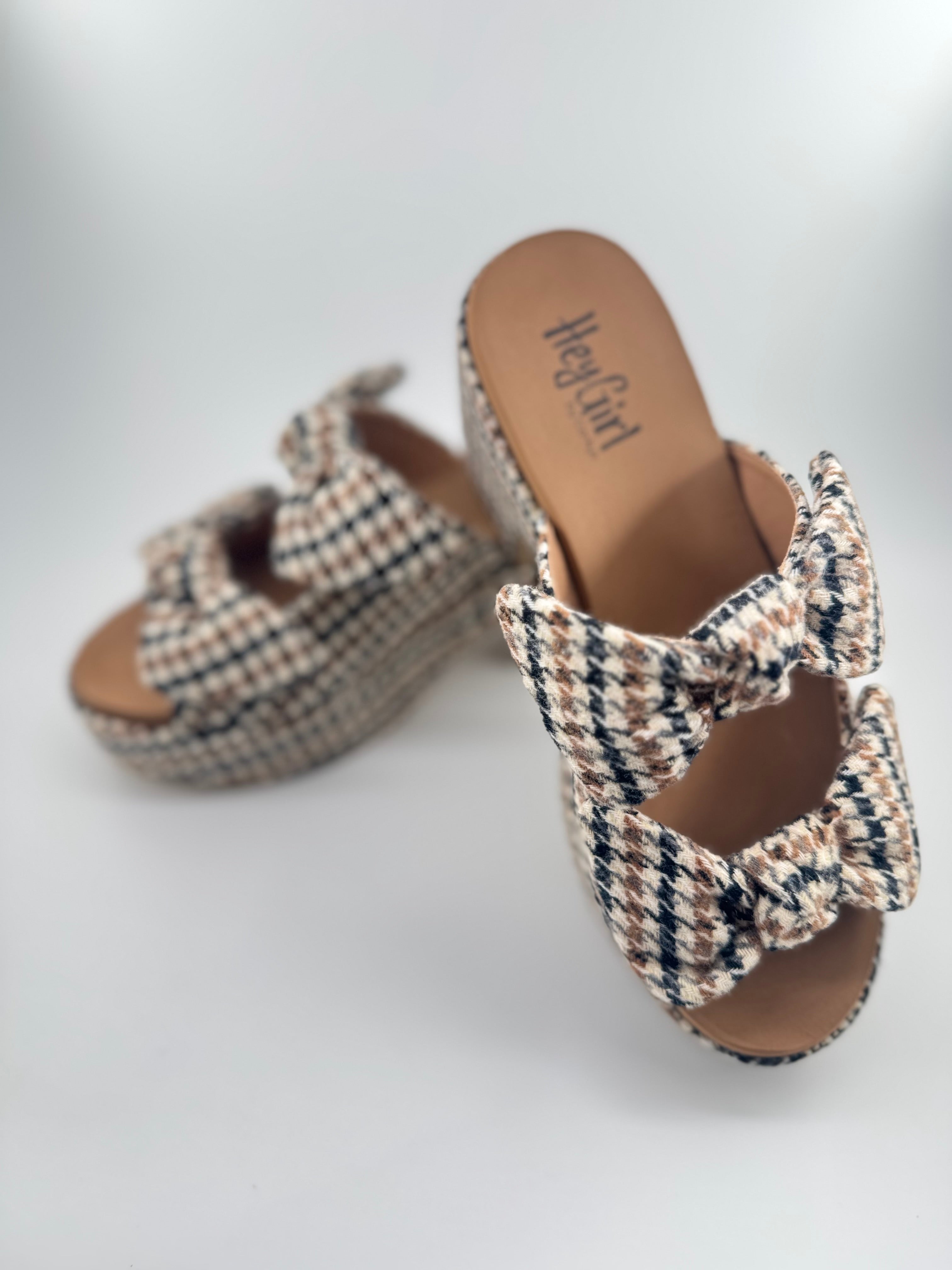 Black and Tan Plaid Corky Chunky Houndstooth Heel