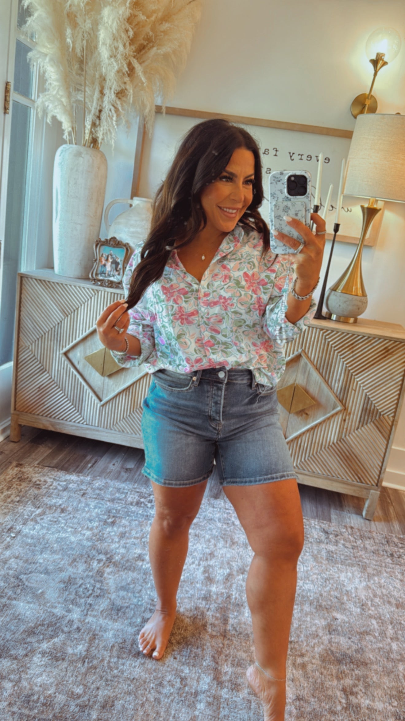 White And Floral Lightweight Button Up Top