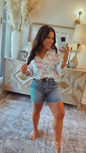 White And Floral Lightweight Button Up Top