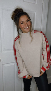 Taupe and Red Stripe Knit Cardi