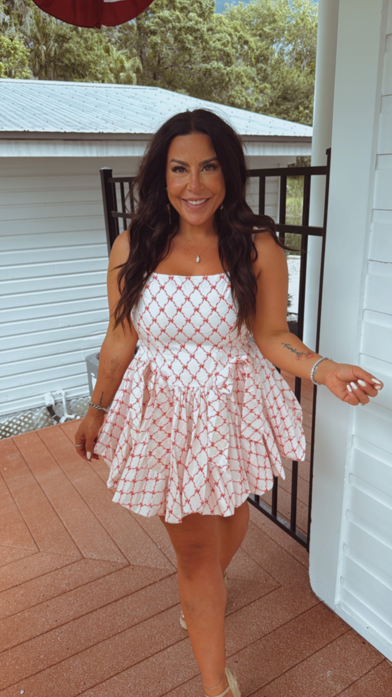 Red and White Bow Bubble Hem Mini Dress