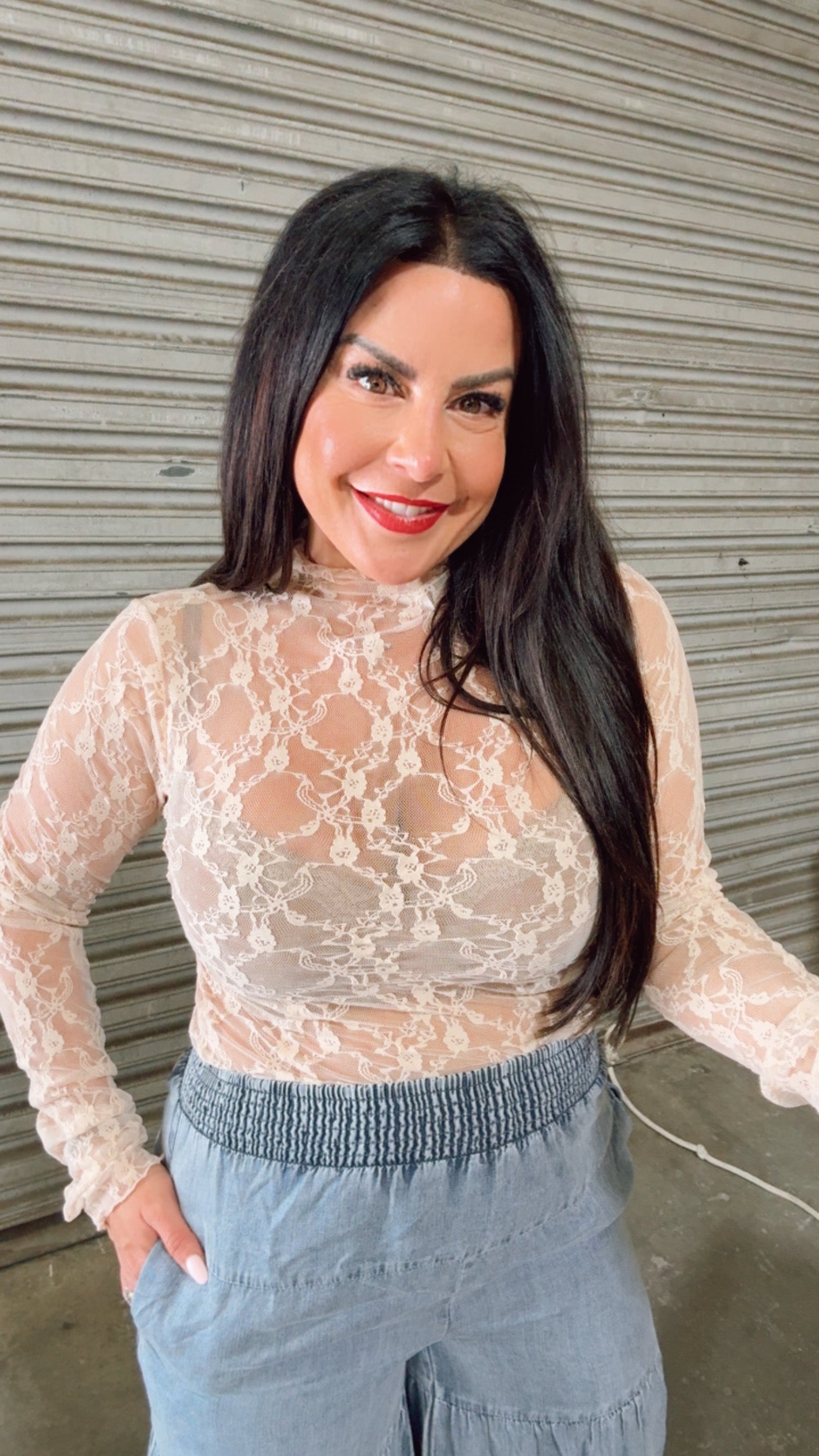 Dusty ROse Sassy Sheer Lace Long Sleeve Top