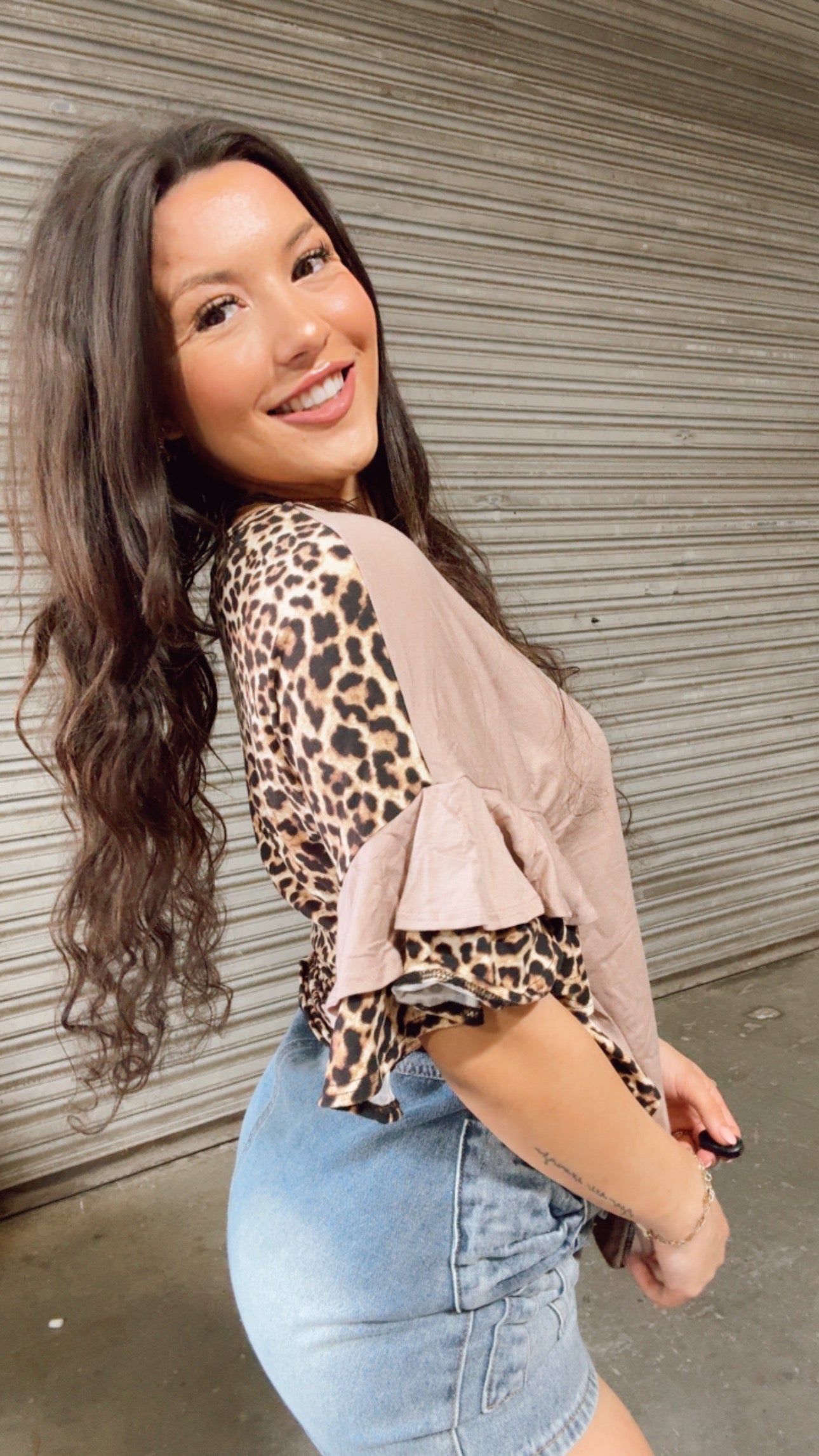 Mocha And Leopard Ruffle Sleeve Top *Final Sale*