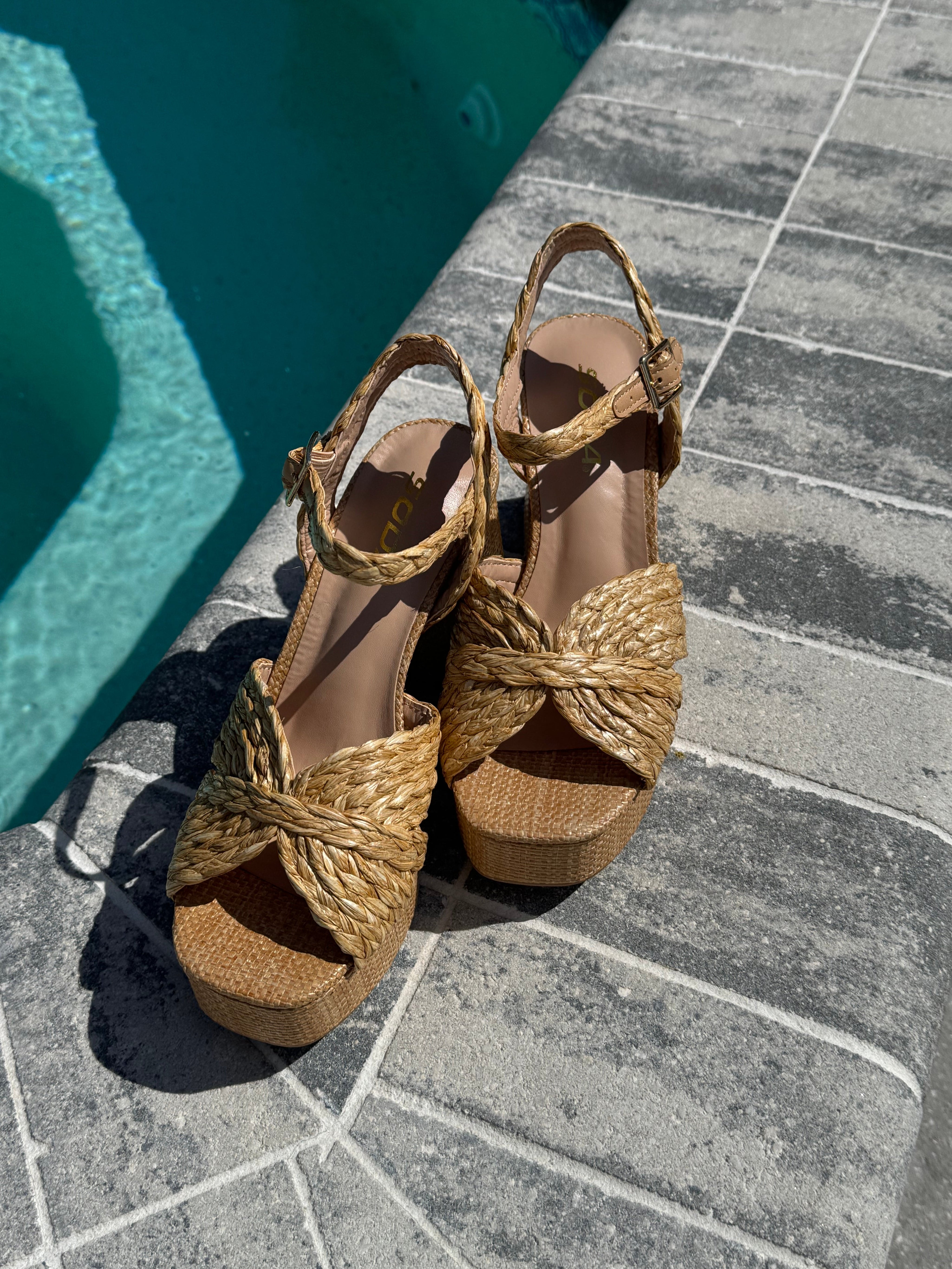 Tan Wicker Ankle Strap Heels