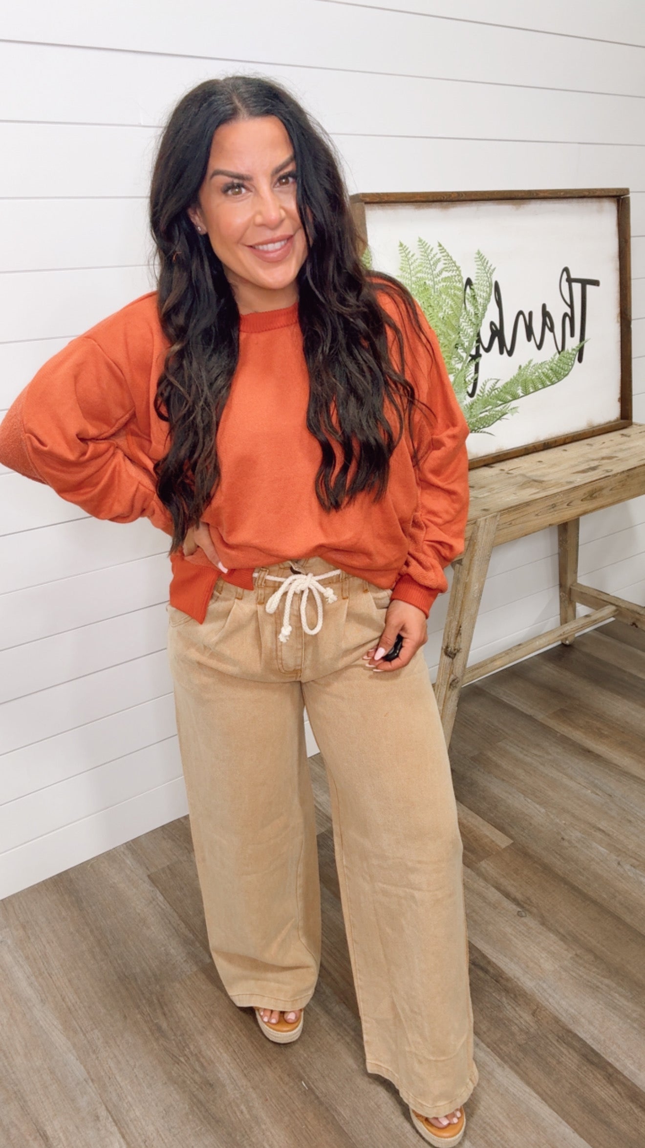 Mocha Wide Leg Denim Pants With Stretch Waistband