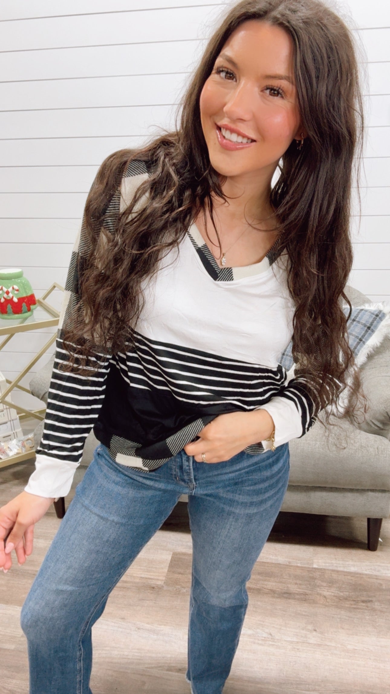 Black and White Plaid and Stripe Ultra Soft Long Sleeve Top *Final Sale*