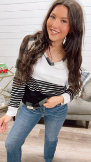 Black and White Plaid and Stripe Ultra Soft Long Sleeve Top *Final Sale*