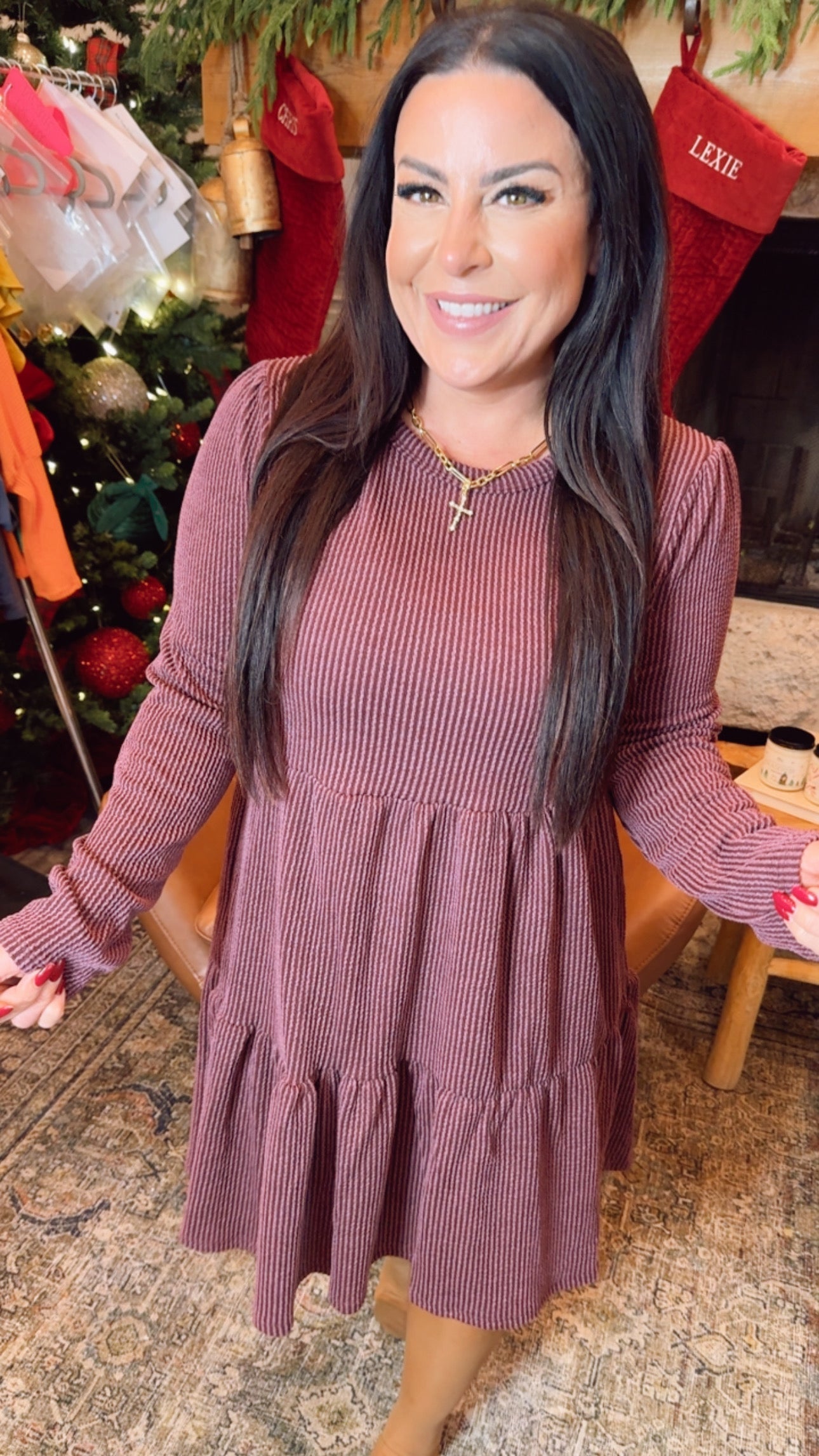 Burgundy Ribbed long Sleeve Tiered Dress