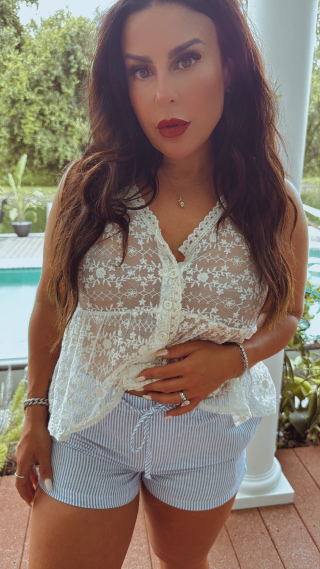 Blue and White Tie Waist Striped Linen Shorts