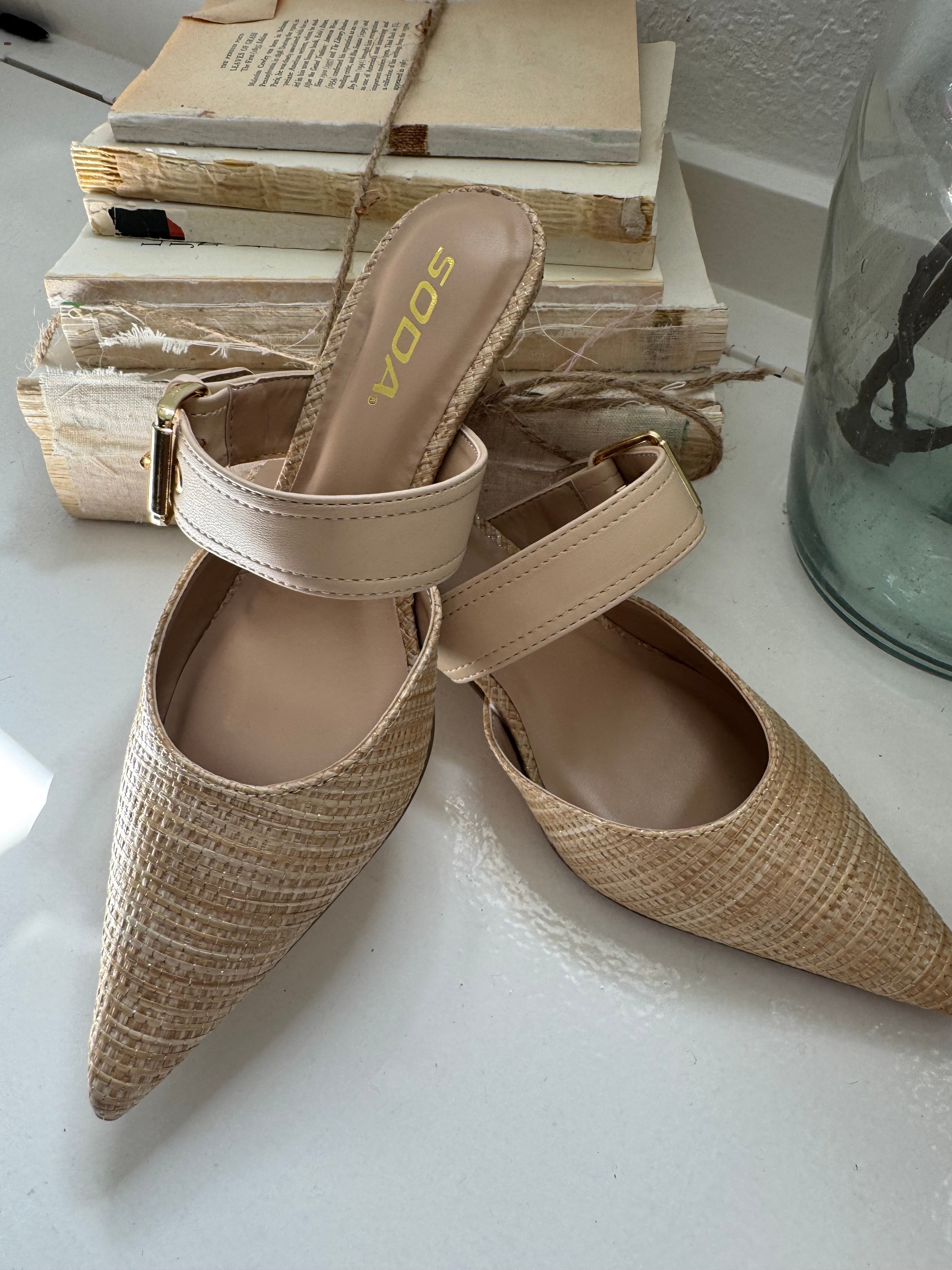 Gold and Natural Point Toe heels