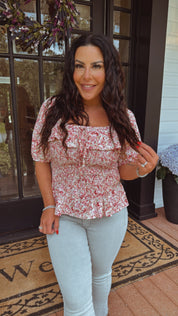 Lightweight Pink and Yellow Floral Smocked Waist  Ruffle Top