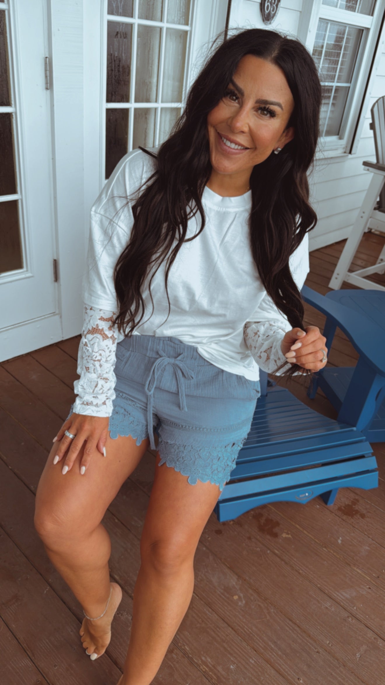 Dark Blue Linen Lace Trim Shorts