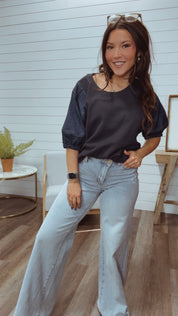 Denim and Crewneck Ruffle Sleeve Top
