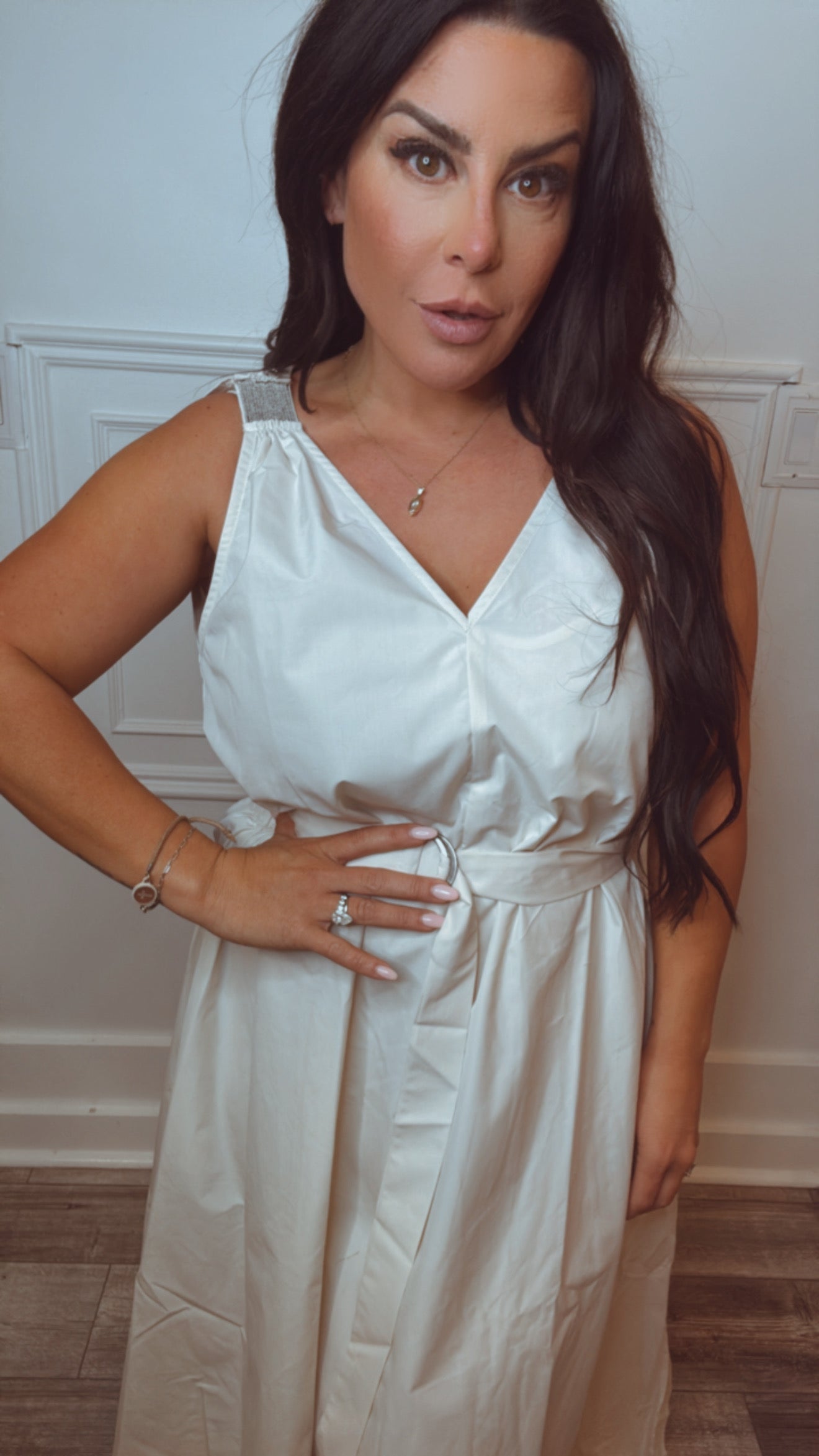 Chic Cream Belted Vneck Dress