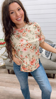 Taupe and Floral Ultra Soft Short Sleeve top *Final Sale*