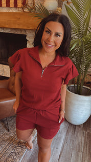 Maroon Flutter Sleeve 1/4 Zip Top