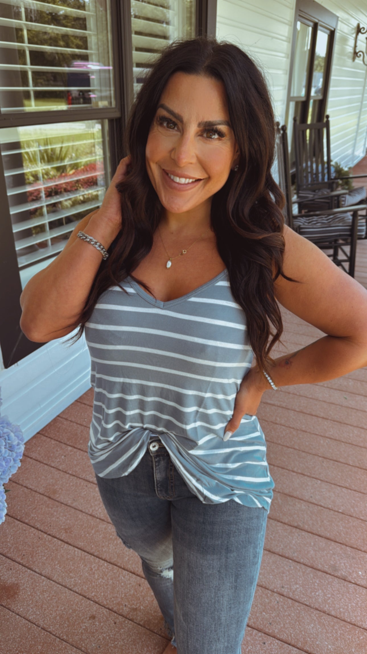 Slate Blue and White Stripe Lightweight Tank