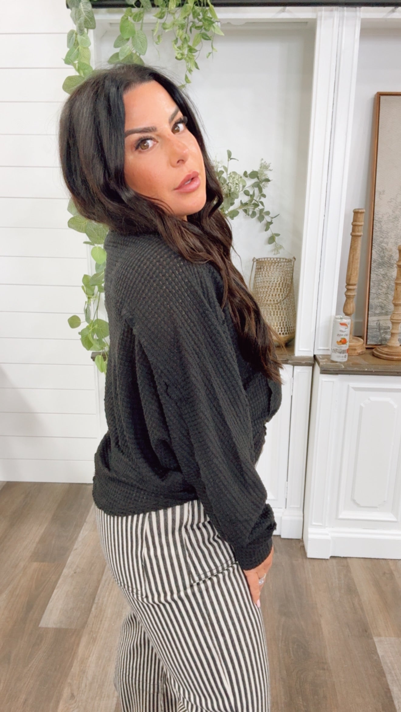 Lightweight Black Waffle Knit Long Sleeve Button Vneck Top